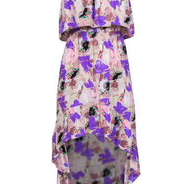 Parker - Taupe &amp; Multicolor Floral Print Strapless Dress w/ High-Low Hem Sz S