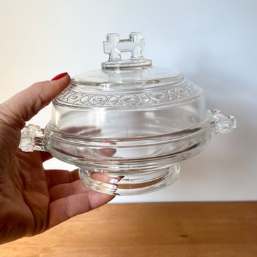 Lidded Clear Pressed Glass Vintage Compote Dish.  Early American Patterned Glass Lidded Candy Dish. Vintage Doyle Glass Butter Dish. 