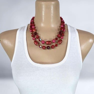 VINTAGE 50s Burgundy Merlot 2 Strand Beaded Necklace Choker | 1950s Mid Century Bib Necklace | VFG 