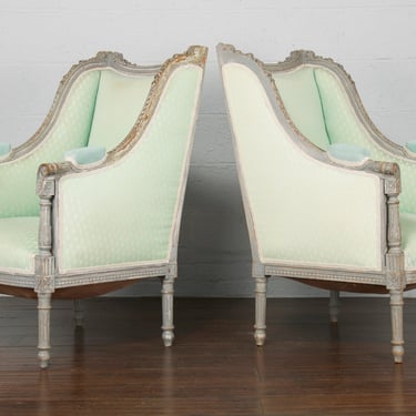 Antique French Louis XVI Style Wingback Painted Armchairs - A Pair 