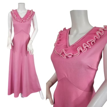 Volup 1970s Pink Poly Maxi Dress I Ruffled Collar I Sz Lrg 