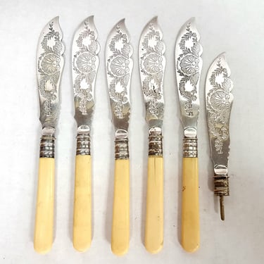 Antique Bone Flatware Ornate Knife Set of 6 Civil War Era 