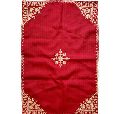 Vintage 70s Boho Embroidered Red Table Linen Decor Altar Fabric 