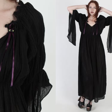 Black Sheer Cotton Gauze Maxi Dress / Vintage Gothic Kimono Angel Bell Sleeves / 80s Medieval Renaissance Festival Long Dress 