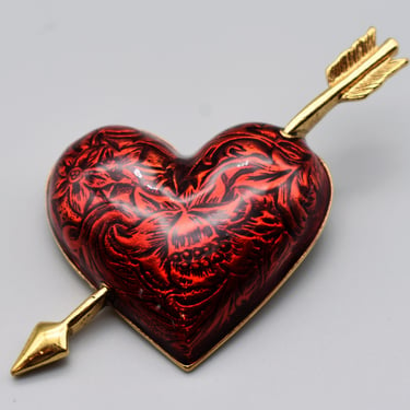 80's Avon floral enamel gold plate heart and arrow brooch, big red & gold Hearts Afire pin 