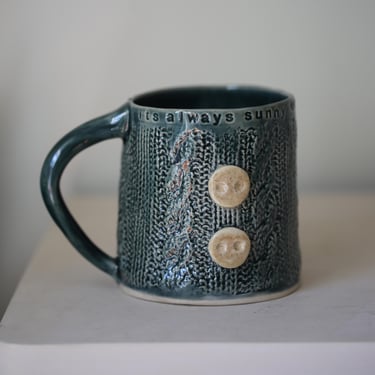 Vintage GR Embossed handmade cable knit sweater pottery mug 