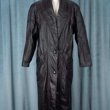 Vintage 80s Winlit Black Leather Trench with Oversized Shoulders, Diagonal Seams, and Angled Pockets 