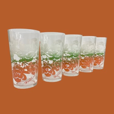 Vintage Drinking Glasses Retro 1950s Mid Century Modern + Federal + Wildrose + Glass + Floral Design + Set of 5 + Water Tumblers + Kitchen 