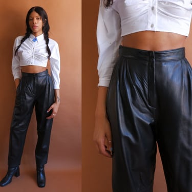Vintage 80s Bergdorf Goodman Black Leather Pants/ 1980s Buttery Soft High Waisted Trousers/ Size 27 