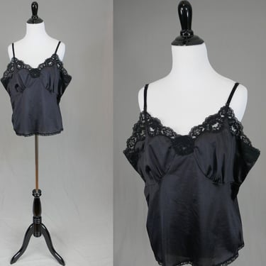 70s 80s Black Camisole - Lace Trim - Nylon Cami Blouse Slip - Vintage 1980s - XL 44