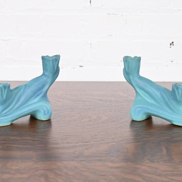 Van Briggle Arts & Crafts Turquoise Glazed Ceramic Candlesticks, Pair