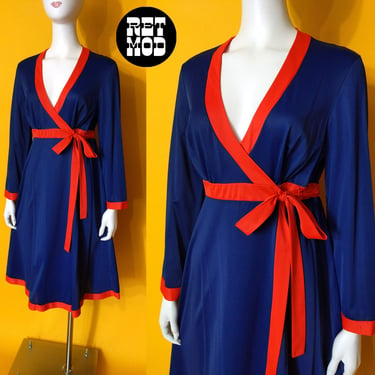 Flattering Vintage 60s 70s Navy Red Wrap Nylon Dress or Nightgown 