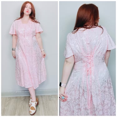 1990s Vintage Pastel Pink Floral Rayon Dress / 90s Flutter Sleeve Lace Up Back Satin Dress / Size XL-XXL 