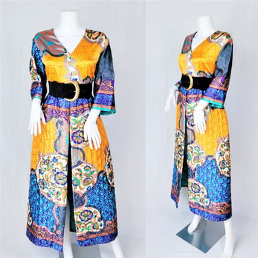1970's Bold Yellow Blue Medallion Print Long Maxi Dress I Split Skirt I Sz Lrg I Quilted I Tiki 