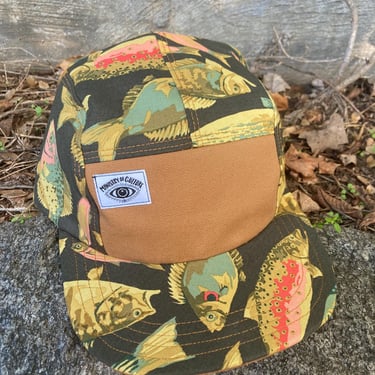 Handmade 5 Panel Camp Hat, Baseball Cap, five panel hat, Snap Back, 5panel hat, gift for him, Gone Fishing Print hat, Olive Green 