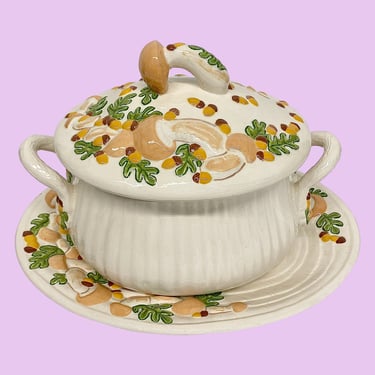 Vintage Soup Tureen with Platter Retro 1970s Mid Century Modern + Holland Mold + Merry Mushrooms Style + Ceramic + Serving + Kitchen Decor 