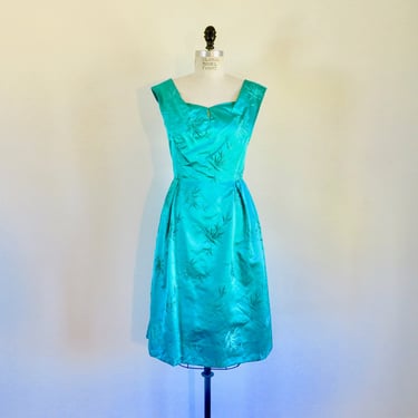 1950's Emerald Green Silk Satin Evening Dress Sleeveless Style Cocktail Party 50's Fall Winter 29.5" Waist Size Medium 