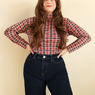 Vintage 90's Red and Blue Plaid Cropped Cotton Turtleneck 
