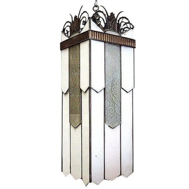 Art Deco Geometric Leaded Glass Grand Theater Chandelier w/ Bronze Scrolling Top 