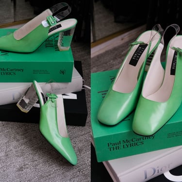 Vintage 90s Stuart Weitzman Key Lime Pearlescent Unworn Slingback Pumps w/ Acrylic Heel | Made in Spain | Size 9.5 | 1990s Designer Heels 