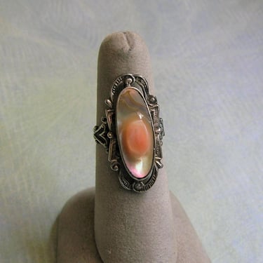 Antique Sterling Abalone Blister Pearl Ring, Vintage Sterling Silver Blister Pearl Ring, Cocktail Ring (#4050) 