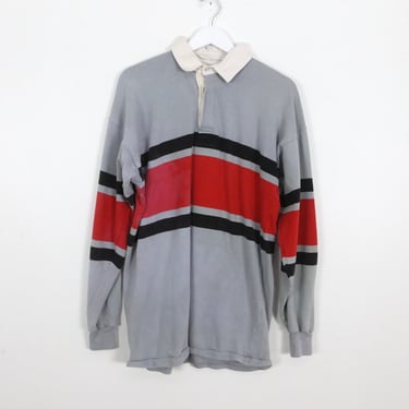 vintage tri-color GREY vintage 1980s RUGBY henley long sleeve polo shirt -- size extra large 