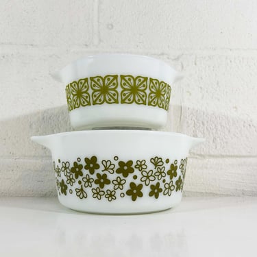 Vintage Mismatched Pyrex Casserole Dish Set of 2 Spring Blossom Green Dishes 474 473 474-B Glass Square Flowers Verde 1970s 