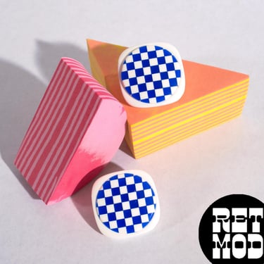 Fun Vintage Blue & White Checkerboard Geometric Pop Art Earrings 