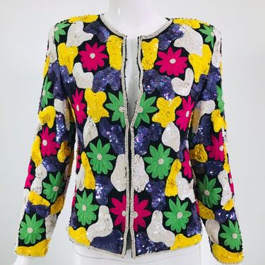Amazing Vibrant Floral Sequin Encrusted Silk Jacket 1970s
