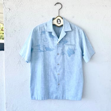 Vintage 70s Hawaiian Aloha Map Shirt Blue Hawaii Collared Graphic Collared Top 