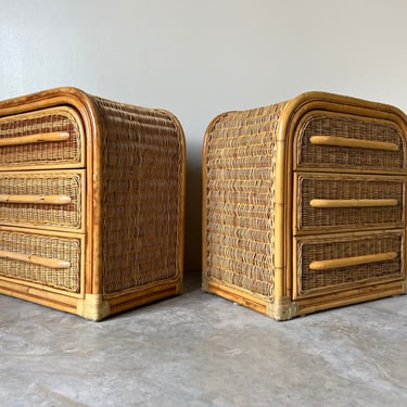 Vintage Coastal Organic Bamboo and Rattan Three - Drawers Waterfall Top Nightstands - a Pair 