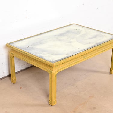 Baker Furniture Hollywood Regency Chinoiserie Yellow Lacquered Mirror Top Coffee Table, 1940s