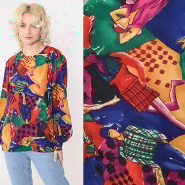 Fashion Print Blouse 90s Checkered Runway Model Art Print Shirt Multicolor Patterned Top Long Sleeve Blouse Novelty Vintage 1990s Large 12 