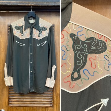 Vintage 1950’s “H Bar C” Cowboy Western Rodeo Rayon Gabardine Rockabilly Shirt, 50’s Embroidery, Vintage Clothing 