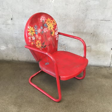 Vintage 1950's Lawn Chairs Painted with Floral Red Design