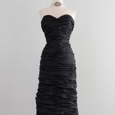 Vintage 1980's Ruched Black Strapless Cocktail Dress by Illusions / M