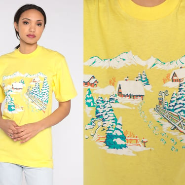 Winter Scene Shirt 80s 90s Yellow Snowy Town T-Shirt Snow Graphic Tee Retro Hipster Ski Cabin Mountains Top Single Stitch Vintage Small S 
