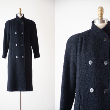 black wool coat | 80s 90s vintage John Weitz Forstmann bouclé wool dark academia heavy warm high collar coat 