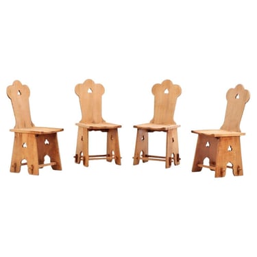 Set of 4 French Brutalist carved oak chairs, C. 1940.