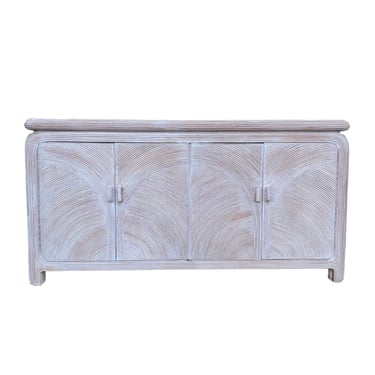 Vintage Pencil Reed Credenza with Glass Table Top - Coastal White Wash Rattan Sideboard Buffet Cabinet 