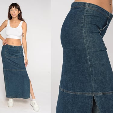 Denim Maxi Skirt 90s Y2k Low Rise Jean Skirt High Slit Kangaroo Pocket Retro 00s Pop Star Glam Streetwear Pencil Skirt Vintage 1990s Large L 