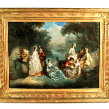Antique Painting, Oil on Canvas, French, &quot;Courting Scene&quot;, Giltwood, 1800s, 19 C