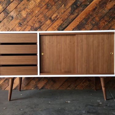 Custom Mid Century Style White Lacquer Walnut Credenza 