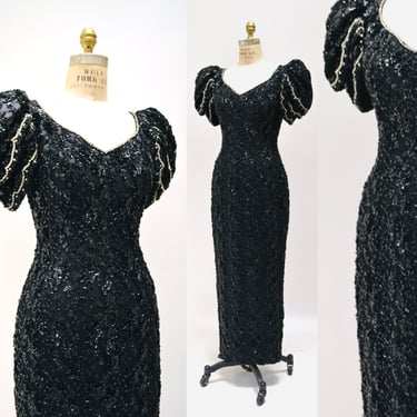 80s 90s Glam Vintage Black Lace Evening Gown Dress Lillie Rubin Beaded Sequin Lace Dress Gown 80s 90s Evening Pageant Long Gown XS Small 