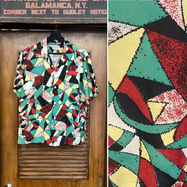 Vintage 1950’s Atomic Pattern Loop Collar Rayon Rockabilly Shirt, 50’s Vintage Clothing 
