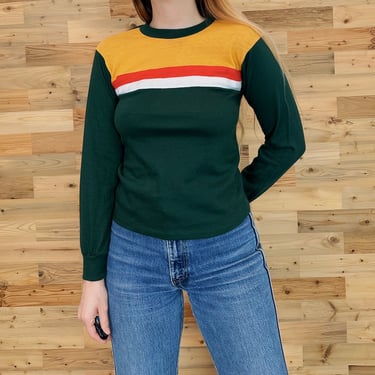 60's Vintage Long Sleeve Soft Retro Colorblock Striped Tee Shirt T-Shirt 