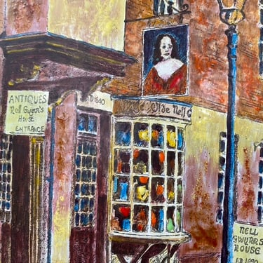 Vintage Enamel Art, Nell Gwynn's House Antiques,  London Street Scene, Antique Shop, Street Lamp Old Shop Scene, Quaint, Includes Frame 