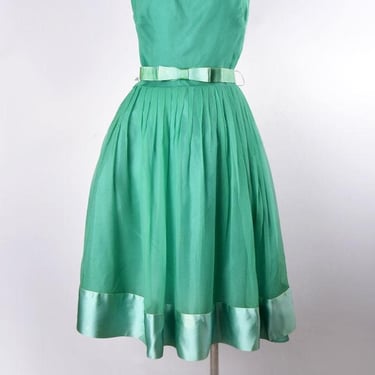 50's Green Silk Chiffon Vintage Dress Party, Fit & Flare, 1950's, 1960's, MEDIUM, Evening Dress Gown 