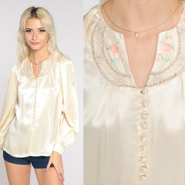 Jessica's Gunnies Blouse 70s Satin Embroidered Top Gunne Sax Boho Shirt PUFF SLEEVE 1970s Bohemian Cream Button Up Vintage Extra Small xs 