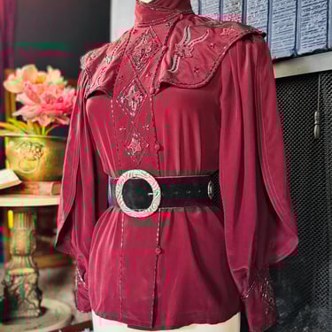 1980s Mercedes & Adrienne Silk Beaded Blouse / Vintage Designer Balloon Sleeve Button Down / Victorian Western Vibes / Women's Size Small 